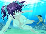  1boy 1girl blush breasts cleavage futakosu large_breasts long_hair pink_eyes potato_house red_hair smile twintails underwater water 