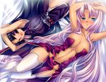  2girls absurdres armpits arms_up black_hair blue_eyes blush dark_skin highres hikage_eiji koihime_musou long_hair multiple_girls navel purple_hair red_eyes shuutai sonken very_long_hair 