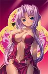  1girl absurdres bare_shoulders blue_eyes blush breasts card center_opening china_dress chinadress chinese_clothes cleavage dark_skin dress facial_mark female forehead_mark hand_on_chest hand_on_own_chest highres hikage_eiji koihime_musou large_breasts long_hair looking_at_viewer navel pink_hair short_hair side_slit smile solo sonken strapless strapless_dress 