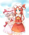  ascot blue_eyes blush_stickers bow braid cosplay dress flandre_scarlet flandre_scarlet_(cosplay) hair_bow hat hat_bow hong_meiling izayoi_sakuya long_hair moneti_(daifuku) multiple_girls purple_eyes red_hair remilia_scarlet remilia_scarlet_(cosplay) silver_hair touhou twin_braids 