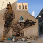  anthro canid canine canis clothing domestic_dog german_shepherd gun husky lemurlemurovich male mammal ranged_weapon rifle ruins weapon 