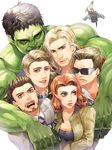  avengers black_hair black_widow blonde_hair blue_eyes brown_hair cape captain_america clint_barton glasses green_skin hawkeye_(marvel) helmet horns hulk loki_(marvel) marvel mcu multiple_boys muscle natasha_romanoff necktie red_hair smile steve_rogers thor_(marvel) tie tony_stark white_background 