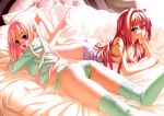  absurdres arm_support ass barefoot bed blush camisole corticarte_apa_lagranges highres kannatsuki_noboru lips long_hair long_sleeves looking_back lying multiple_girls open_mouth panties pillow pink_eyes pink_hair shinkyoku_soukai_polyphonica side-tie_panties thighhighs underwear underwear_only yugiri_perserte 