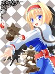  :d alice_margatroid anni_minto argyle argyle_background belt blonde_hair blue_dress blue_eyes blush broom broom_riding capelet character_doll chocolate dress food hair_ribbon hairband hakurei_reimu highres kirisame_marisa long_sleeves open_mouth pocky ribbon short_hair simple_background smile solo touhou yin_yang 