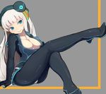  aqua_eyes blue_eyes blush bodysuit borrowed_character breasts cleavage cleavage_reach crossed_legs electro_emilia headgear highres large_breasts leg_up long_hair nail_polish neon_trim original panties panties_over_pantyhose pantyhose simple_background smile solo underwear white_hair white_panties zi_(mumei) 