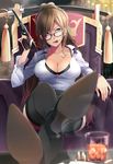  aqua_eyes biting breasts brown_hair bullet cleavage earrings glasses gun handgun highres jewelry katana large_breasts long_hair original pistol retsuna sitting solo sword thighhighs walther walther_p38 weapon 