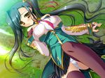  1girl black_hair blush breasts game_cg grass hair_ribbon huge_breasts kan&#039;u kan'u katagiri_hinata koihime_musou large_breasts long_hair lying necktie outdoors panties pantyshot ribbon side_ponytail skirt thighhighs underwear upskirt very_long_hair white_panties yellow_eyes 