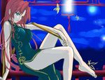  bad_feet barefoot blue_eyes braid breasts chinese_clothes hong_meiling large_breasts long_hair moneti_(daifuku) open_mouth red_hair ribbon simple_background sitting sketch solo three_section_staff touhou twin_braids weapon 