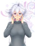  adjusting_eyewear bespectacled blue_eyes glasses heterochromia lavender_hair lavolpe_(yagisaka_seto) long_sleeves looking_at_viewer original purple_eyes short_hair simple_background sweater upper_body white_background yagisaka_seto 