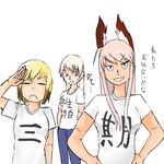  ahoge blonde_hair blue_eyes clothes_writing denim eila_ilmatar_juutilainen erica_hartmann hands_on_hips hanna-justina_marseille head_wings jeans kumamoto_aichi long_hair multiple_girls pants pink_hair salute shirt short_hair silver_hair sketch strike_witches t-shirt translated twintails white_background world_witches_series 