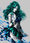  2013 bishoujo_senshi_sailor_moon blue_eyes choker dated gloves green_hair grey_background kaiou_michiru long_hair magical_girl monochrome sailor_collar sailor_neptune sailor_senshi_uniform skirt solo sun_dou water 