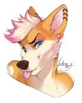  2018 anthro blue_eyes brown_nose canid canine canis cinnamon_(yoko_darkpaw) corgi domestic_dog ear_piercing eyebrows eyelashes eyeshadow female fur furlana headshot makeup mammal piercing simple_background smile snout tan_fur tongue tongue_out watermark white_background white_fur 