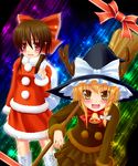  animal_costume anni_minto blonde_hair blush braid broom brown_hair hair_tubes hakurei_reimu hat hat_ribbon highres kirisame_marisa multiple_girls red_eyes reindeer_costume ribbon santa_costume side_braid tokin_hat touhou witch_hat yellow_eyes 