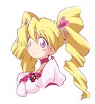  blonde_hair choker cure_peach earrings fresh_precure! hair_ornament heart heart_hair_ornament jewelry kingetsu_mikoto long_hair magical_girl momozono_love pink_choker pink_eyes precure puffy_sleeves solo twintails upper_body white_background 