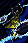  antennae bob_cut cape dark_skin dynatron_(mighty_no._9) electricity koi_drake mighty_no._3 mighty_no._9 no_feet purple_hair red_eyes robot sharp_teeth short_hair solo teeth 