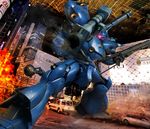  building car city colony_interior damaged fire glowing glowing_eye ground_vehicle gun gundam gundam_0080 hiropon_(tasogare_no_puu) kampfer_(mobile_suit) mecha motor_vehicle no_humans o'neill_cylinder panzerfaust photo_background realistic science_fiction shotgun smoke space_colony weapon 