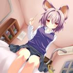  absurdres animal_ears basket book bookshelf breasts dutch_angle greatmosu highres looking_at_viewer medium_breasts mimikaki mouse mouse_ears mouse_tail nazrin on_bed red_eyes silver_hair sitting skirt smile solo tail touhou 