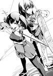 akagi_(kantai_collection) archery arm_behind_back arrow back-to-back bow_(weapon) gloves greyscale japanese_clothes kaga_(kantai_collection) kantai_collection kyuudou long_hair looking_back monochrome multiple_girls muneate nakatani_nio partly_fingerless_gloves ponytail quill quiver short_hair side_ponytail single_glove skirt smile tasuki thighhighs water weapon yugake 