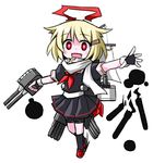  alternate_costume blonde_hair chibi cosplay fang fingerless_gloves gloves glowing glowing_eyes hair_flaps hair_ornament hair_ribbon hairclip kantai_collection kugelschreiber looking_at_viewer machinery magic open_mouth red_eyes remodel_(kantai_collection) ribbon rumia simple_background solo torpedo touhou turret white_background yuudachi_(kantai_collection) yuudachi_(kantai_collection)_(cosplay) 