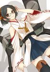  bare_shoulders black_hair black_legwear blush boots breasts cannon glasses grey_eyes hairband japanese_clothes kantai_collection kirishima_(kantai_collection) machino_(nidavellir) medium_breasts miko short_hair skirt smile solo thigh_boots thighhighs turret 