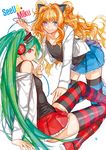  blonde_hair blue_eyes character_name food green_hair hatsune_miku headphones long_hair mouth_hold multiple_girls nail_polish pin_(leehn0507) pocky red_eyes seeu skirt striped striped_legwear thighhighs twintails very_long_hair vocaloid white_background 