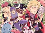  4boys blonde_hair blue_eyes blue_hair bowler_hat crescent_moon dio_brando erina_pendleton facial_hair fang flower hat jojo_no_kimyou_na_bouken jonathan_joestar moon multiple_boys mustache phantom_blood red_eyes red_flower red_rose robert_eo_speedwagon rose stone_mask_(jojo) top_hat vampire will_anthonio_zeppeli zijinkalas 