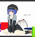  blue_hair blush contemporary hat highres letterboxed ratsuku_kinoko red_eyes remilia_scarlet short_hair simple_background sitting solo touhou wariza white_background wings 