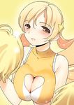  bad_id bad_pixiv_id bare_shoulders blonde_hair blush breasts cheerleader cleavage cleavage_cutout crop_top drill_hair hair_ornament heart heart_cutout jiji large_breasts long_hair mahou_shoujo_madoka_magica pom_poms smile solo star star_hair_ornament sweat tomoe_mami twin_drills twintails yellow_eyes 
