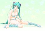  alternate_color boots bra cosplay green_eyes green_hair hatsune_miku headphones knee_boots long_hair lum lum_(cosplay) mori_chu nail_polish panties sitting solo twintails underwear underwear_only urusei_yatsura very_long_hair vocaloid 