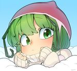  alternate_costume antennae blush face green_eyes green_hair hat looking_at_viewer pom_pom_(clothes) ribbed_sweater short_hair snow solo space_jin sweater touhou upper_body wriggle_nightbug 
