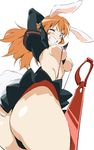  animal_ears ass blue_eyes breasts bunny_ears charlotte_e_yeager cosplay crossover from_behind grin kill_la_kill koshimizu_ami large_breasts long_hair looking_back matoi_ryuuko matoi_ryuuko_(cosplay) one_eye_closed orange_hair panties revealing_clothes school_uniform scissor_blade seiyuu_connection senketsu simple_background skirt smile strike_witches suspenders sword thong umanosuke underboob underwear weapon white_background world_witches_series 