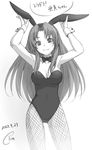  animal_ears bow bowtie bunny_ears bunnysuit dated detached_collar fishnet_pantyhose fishnets greyscale kawashima_ami long_hair monochrome pantyhose piro_(orip) signature solo toradora! wrist_cuffs 