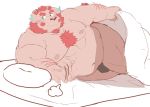  12beat13 anthro bed belly big_belly chernobog chest_tuft clothing demon facial_hair fur hi_res horn inviting male musclegut mustache navel nipples pecs pink_fur speedo swimsuit tokyo_afterschool_summoners tuft video_games 