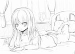  anger_vein bed blush breasts cleavage greyscale large_breasts lineart long_hair looking_at_viewer lying monochrome on_stomach ratsuku_kinoko sketch solo 