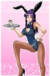  animal_ears bunny_ears bunny_girl bunnysuit chinese_clothes cleavage_cutout fishnet_pantyhose fishnets glass high_heels leg_lift ookura_miyako pantyhose ponytail protagonist_(tokimemo_4) purple_hair red_eyes tawake tokimeki_memorial tokimeki_memorial_4 tray wrist_cuffs 