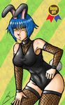  animal_ears blue_hair borockman breasts bunny_ears bunny_tail bunnysuit choker fishnet_legwear fishnets large_breasts leaning_forward leotard puckered_lips rockman rockman_(classic) rockman_9 short_hair signature solo splash_woman tail thighhighs yellow_eyes 