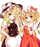  ;) apron ascot black_dress blonde_hair bow brown_eyes dress fingernails flandre_scarlet hair_bow hat highres kirisame_marisa long_hair looking_at_viewer mob_cap multiple_girls nail_polish one_eye_closed open_mouth puffy_sleeves purple_nails ramudia_(lamyun) red_dress red_eyes red_nails shirt short_sleeves side_ponytail simple_background smile touhou v very_long_hair waist_apron white_background wings witch_hat wrist_cuffs 