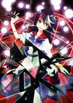  black_hair bow bracelet broken_glass checkered checkered_floor danmaku directional_arrow dress glass highlights horns jewelry katsuragi_atori kijin_seija looking_at_viewer magic_circle mirror_writing multicolored_hair red_eyes short_hair smile solo touhou 