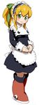  :| adapted_costume apron blonde_hair boots closed_mouth dress feral_lemma fingers_together full_body green_eyes hair_ribbon long_hair long_sleeves maid maid_headdress ponytail ribbon rockman rockman_(classic) roll simple_background solo standing white_background 