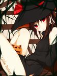  blush brown_hair detached_sleeves hat jack-o'-lantern little_busters! looking_at_viewer natsume_rin ratsuku_kinoko red_eyes solo witch_hat 
