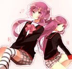  back-to-back bad_id bad_pixiv_id blue_eyes bow futaki_kanata hair_bobbles hair_ornament little_busters! long_hair multiple_girls pink_bow plaid plaid_skirt purple_hair saigusa_haruka school_uniform side_ponytail skirt striped striped_legwear thighhighs yamori_shiki 