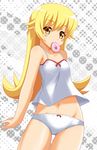  bakemonogatari blonde_hair camisole doughnut fangs food icetiina long_hair monogatari_(series) mouth_hold oshino_shinobu panties pointy_ears solo underwear underwear_only yellow_eyes 