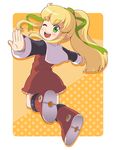  blonde_hair boots dress full_body green_eyes hair_ribbon highres ki_(adotadot) long_hair long_sleeves midair one_eye_closed open_mouth outstretched_arms ponytail red_skirt ribbon rockman rockman_(classic) roll sidelocks skirt solo yellow_background 