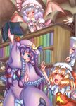  apron bat_wings blonde_hair blue_eyes blush book covering_mouth em_s flandre_scarlet hat hat_removed hat_ribbon headwear_removed highres izayoi_sakuya lavender_hair library long_hair maid_apron maid_headdress multiple_girls patchouli_knowledge purple_eyes purple_hair pyonta red_eyes remilia_scarlet ribbon shameimaru_aya side_ponytail silver_hair touhou wings yukkuri_shiteitte_ne zaku_i 