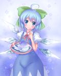  ahoge blue_eyes blue_hair blush cirno em_s finger_to_mouth hair_ribbon ice ice_wings ribbon shaved_ice solo tears touhou wings 