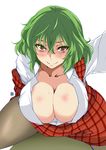  aoi_manabu black_legwear breasts cleavage collarbone downblouse green_hair kazami_yuuka large_breasts looking_at_viewer no_bra open_clothes open_shirt pantyhose red_eyes shirt short_hair simple_background sitting smile solo spread_legs straddling touhou white_background 