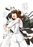  :d ^_^ ahoge black_legwear boots brown_hair closed_eyes detached_sleeves dropping female_admiral_(kantai_collection) frilled_skirt frills glomp gloves hat hat_removed headwear_removed heart heart_ahoge heart_hair heart_in_mouth highres hug hug_from_behind kantai_collection kongou_(kantai_collection) military military_uniform multiple_girls naval_uniform niwatazumi nontraditional_miko open_mouth paper peaked_cap pleated_skirt ribbon-trimmed_sleeves ribbon_trim skirt smile surprised tatebayashi_sakurako thigh_boots thighhighs translated uniform white_gloves zettai_ryouiki 
