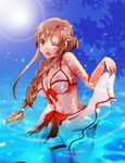  asuna_(sao) bad_id bad_pixiv_id bikini braid brown_eyes brown_hair long_hair one_eye_closed sarong sarong_lift smile solo swimsuit sword_art_online toujirou water white_sarong 