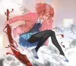  adjusting_eyewear bangs black_legwear blood blood_sword blue_skirt bob_cut brown_eyes cardigan full_body glasses hand_up hemokinesis holding holding_sword holding_weapon invisible_chair knees_together_feet_apart kuriyama_mirai kyoukai_no_kanata leaning_forward messy_hair open_cardigan open_clothes pantyhose pink_hair pleated_skirt red-framed_eyewear school_uniform serafuku shoes short_hair sitting skirt smoke solo sword weapon zrero 