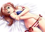  american_flag_bikini bikini breast_squeeze breasts brown_eyes brown_hair cleavage flag_print idolmaster idolmaster_cinderella_girls long_hair lying medium_breasts on_back parted_lips ponnetsu side-tie_bikini solo swimsuit totoki_airi twintails 